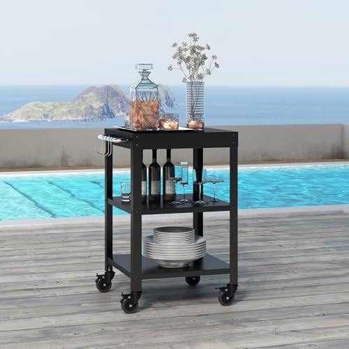 casa.pro Outdoor Servierwagen Bolognano Garten Rollwagen Stahl 81 x 50 x 50 cm Grillwagen mit 4 Haken Rollen mit Feststellbremsen Schwarz matt