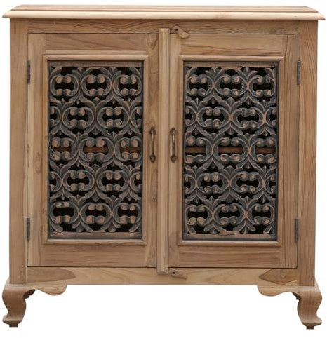 Marrakesch Vintage Kommode mit Türen aus Teak Holz 92cm | Skandinavische Deko kleines Sideboard Komode Abaddon handgeschnitzt für stilvolle Aufbewahrung & Dekoration im Wohnzimmer & Schlafzimmer