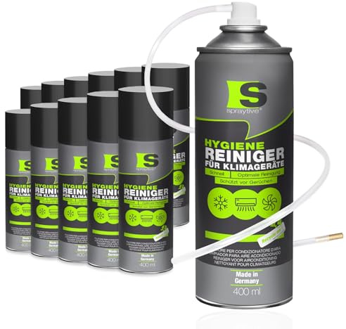 Spraytive 12 x 400ml Hygiene Reiniger für Klimageräte, Klimaanlage Auto | Klimaanlagenreiniger mit flexiblem Sprühschlauch und Messing-Zerstäuberdüse: erreicht Lüftungskanäle in Splitgeräten und Kfz