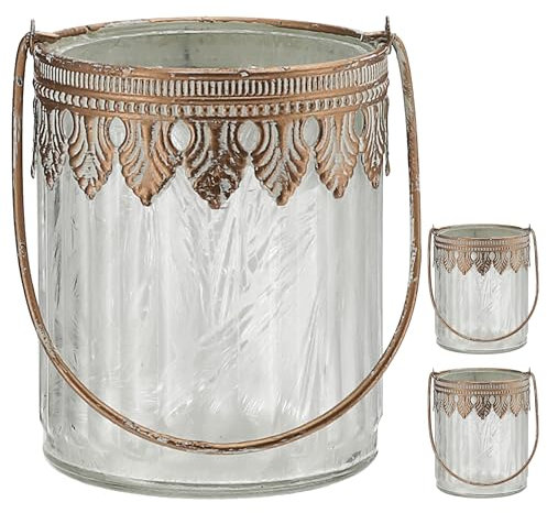 Windlicht 3er Set gerade | orientalische Ornamente gefrostet | Glas Eisen Ø9xH11cm | Gefäß mit Henkel für Teelichter oder Kerzen (1 x 3er Set Windlicht gerade)