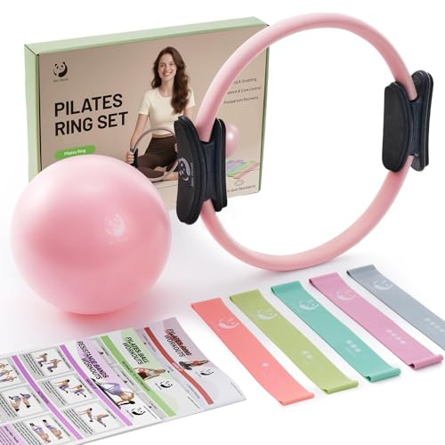 Slim Panda Pilates-Ring-Set, 35cm/14Durchmesser, robuster Ring mit gepolsterten Griffen, inklusive Pilatesball, Widerstandsbändern, Anleitung und Tragetasche