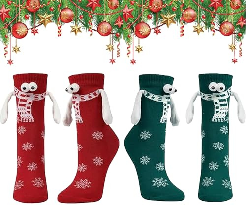 PTBWS 2 Paare We-ihnachtssocken, Lustige Magnetische Weihnachten Socken, Hand in Hand Socken, Weihnachtssocken Kinder, Weihnachtssocken Mit Magnetarmen, für Damen und Herren Weihnachten Geschenk