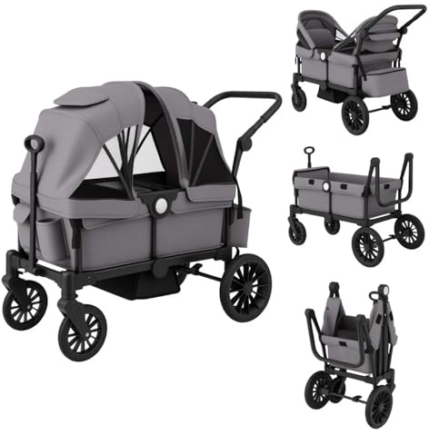 DREAMADE Kinderwagen für 2 Kinder, faltbar Bollerwagen mit Sonnendach, Zwillingskinderwagen mit verstellbaren Griffen, Sicherheitsgurt & Stauraumtaschen, Reisebuggy für Baby ab 6 Monaten (Grau)