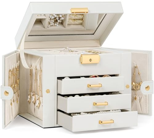 TORIBIO Schmuckkästchen für Damen, Leder-Schmuck-Organizer mit Spiegel und Schloss, 4-stöckiger Schmuck-Organizer mit 3 Schubladen für Mädchen/Frauen/Mütter, Halsketten-Ohrring-Armband-Halter