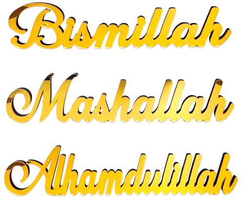 3 Stück Ramadan Tischdeko Buchstabenschild, Bismillah Alhamdulilla Mashallah Freistehendes Holzdekor, Heimdekorationen für Ramadan Geschenke, Islamische Dekoration, Eid Mubarak Party Dekorationen,Gold