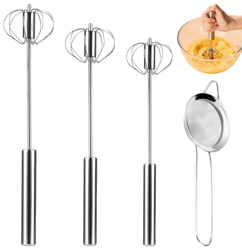 3 Stück Halbautomatischer Schneebesen Aus Edelstahl, Handmixer Ohne Strom, Hand Push Easy Whisk Drehbarer, für Mischen Schlagen Aufschäumen und Rühren