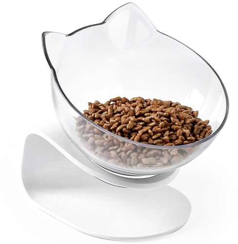 Jabalux Bol Surélevé pour Chat en Plastique Transparent, 13x15.5cm | Incliné à 15°, Base Blanche Stable, Forme Oreilles de Chat, Facile à Nettoyer, Protège la Colonne Vertébrale