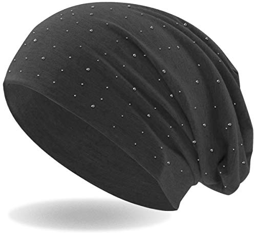 Hatstar Damen Beanie Mütze | mit edler Strass Nieten Applikation | Mädchen Mütze | elastisches Slouch Long Beanie | leicht und weich (Antique Grey)
