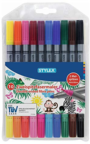 Stylex 66565 - Zweispitz-Fasermalstifte, Doppelfasermaler im 10er Etui, 10 Farben mit dicker und dünner Malspitze