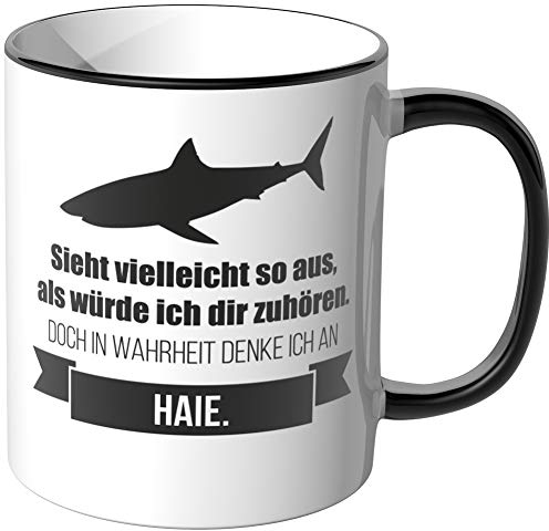 JUNIWORDS Tasse - Ich denke an Haie - Wähle Motiv & Farbe - Schwarz