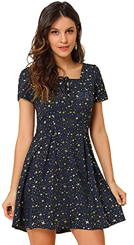 Allegra K Women's Printed Casual Square Neck Short Sleeve Fit and Flare Dress Blue-Stars L-16