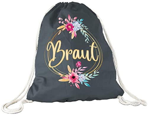Tassendruck Stoffbeutel - Braut Blumenkranz - Junggesellinnenabschied/JGA/Party/Spaß/Rucksack/Turnbeutel/Gym-Bag - Grau 1 Stück