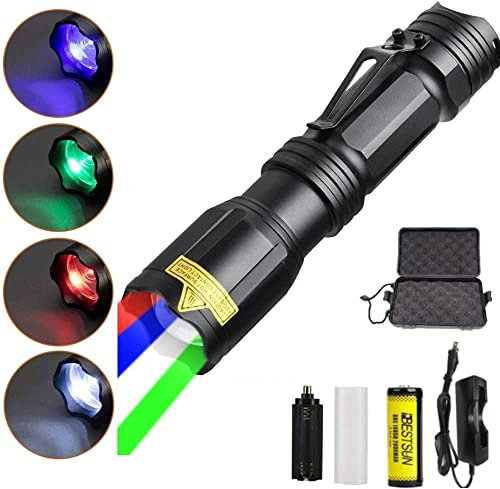 Junchi 4 Color in 1 Multicolor Flashlight Rechargeable high Lumens Red White Blue Green Multi-Color RGBW LED Flashlights Zoomable Waterproof Tactical Flash Light for Night Vision Fishing Astronomy