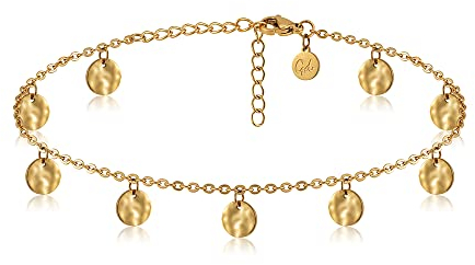 GD GOOD.designs Fußkettchen mit gehämmerten Plättchen I Wasserfeste Coin Fußkette für Damen I Frauen Fußkette aus Edelstahl I Fusskettchen mit strukturierten Anhängern (Gold)