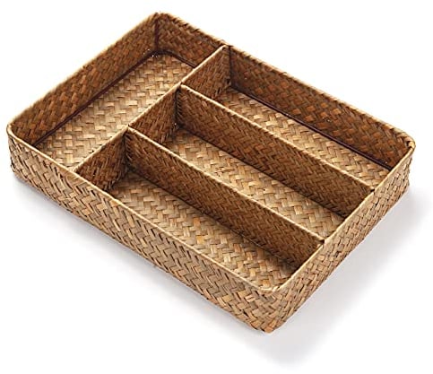 DECRAFTS Seagrass Storage Basket with Compartments Utensil Tray for Organization Silverware Flatware Rectangular Shelf Baskets with 4 Sections Natural