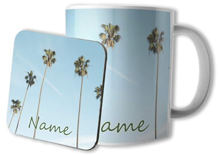 AK Giftshop Personalised Mug and Coaster Set - Palm Trees - Gift - Birthday - Christmas - Stocking Filler - Secret Santa