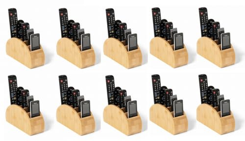 Osco Bamboo Remote & Desk Organiser, 10 Pack, 5-Compartment Sustainable MOSO Caddy for Remotes, Pens, Make-Up & Cosmetics, Natural Finish, H11.9 × W22.3 × D8.2 cm