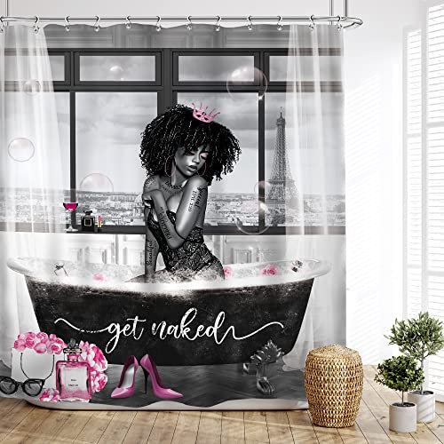 Glawry Lot de 12 rideaux de douche sexy pour fille noire afro-américaine - 152,4 x 183 cm (L x l) - Style afro - Gris et rose - Accessoires de bain - Décoration d'intérieur - Tissu