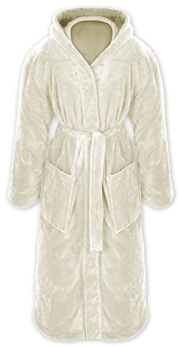 Gräfenstayn® Damen & Herren Kuschelfleece Bademantel mit Kapuze Größe S-XXXL Öko-Tex Standard 100 Flanell Fleece (L, Creme)