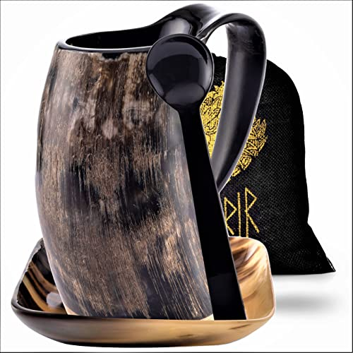 FENRIR Horn Coffee Mug - 16 Oz Ox Horn Tankard Coffee Mug for Hot & Cold Drinks 3 Pcs Set Mug Spoon And Plate