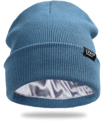 Lvaiz Hats Satin gefütterte Wintermütze für Damen, Unisex, Baumwolle, Strickmütze mit Bündchen und seidigem Futter, lässige Totenkopfmütze, Blau, Einheitsgröße