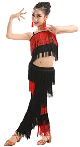 OTMYIGO 1 Set/Nappa Set da Ballo Latino Pantaloni da Ballo con Frange da Ragazza e Top Vestito da Ballo Latino con Frange Solide,Rosa,140