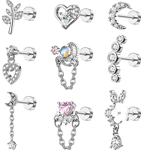 LOLIAS 9 Stück 16G Chirurgenstahl Knorpel Ohrringe Ohr Piercing für Damen Helix Piercings Baumeln Mond Herz Ohrringe Ohrstecker Knorpelohrringe CZ Baumeln Muschel Tragus Ohrringe Piercing Schmuck