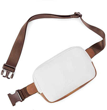 Telena Bauchtasche Damen, PU Leder Crossbody Bag Frauen Umhängetasche Klein Brustbeutel Stylisch Brusttasche Gürteltasche(Beige mit braun)