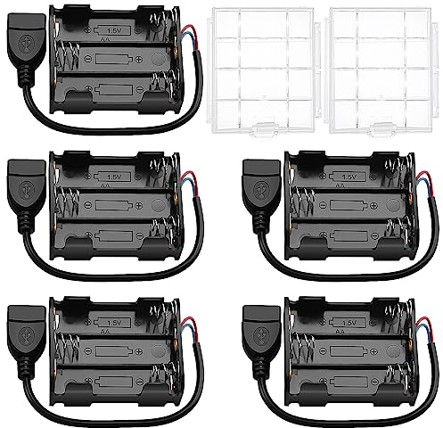 5 PCS 6 x 1.5V AA Battery Holder, KUOQIY 9V Back to Back Battery Holder Case Box with USB Female Socket, with 2 PCS Plastic Battery Storage Box