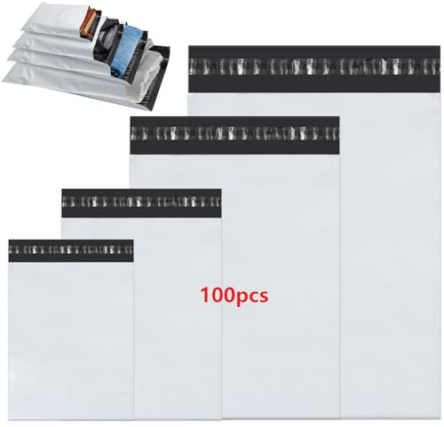 Busta di plastica Spedizione, 100 pezzi 4 dimensioni assortite Buste di spedizione bianche autosigillanti Borse di imballaggio Resistente all'acqua e agli strappi Pacchetto Vinted per abbigliamento