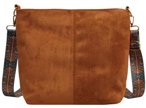 Fiorky Frauen Stilvolle Hobo Tasche Einfarbig Wildleder Mode Umhängetasche Große Kapazität Vintage Crossbody Tote Bag Breiter Druck Gurt for Herbst Winter, braun, 31 * 12 * 26 cm/12.2x4.72x10.24inch
