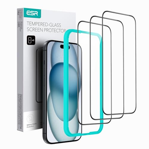 ESR Protector Pantalla para iPhone 16/iPhone 15 (3 Unidades), Película Cristal Templado, Herramienta Instalación Fácil, dureza 9H, Grado Militar, Cobertura Total, Transparencia HD, Resistente Arañazos