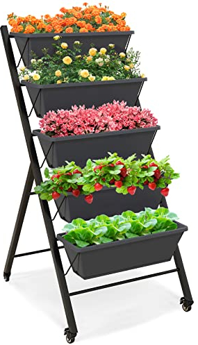 GiantexUK Raised Garden Bed, 5 Tier Vertical Ladder Planter with 5 Removable Trays, Wheels & Drain Holes, Elevated Flower Herb Growing Box for Indoor Outdoor (with Wheels, Black, 57 x 68 x 117cm)