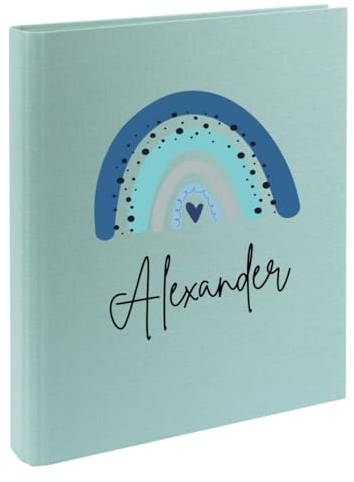 minimutz Zeugnismappe Kinder mit Name personalisiert - Dokumentenmappe Regenbogen blau für Jungen - Zeugnisordner Leinen zum Einsortieren (mint)