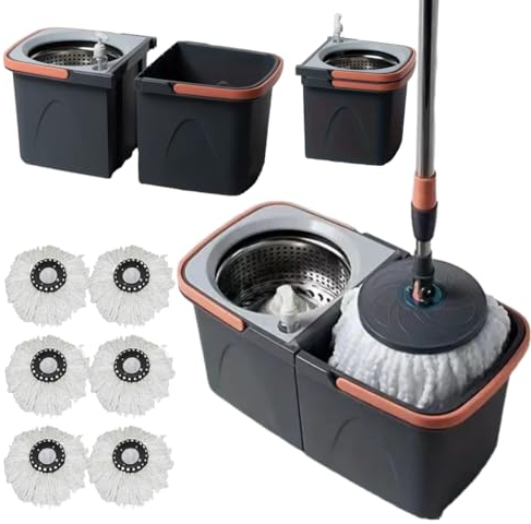 *NEW* SWISSPACK Revolving Spin Mop and Bucket With .4. Extra Pads Perfect For Easy Cleaning. Clean and Dirty Water Separtered For Perfect Finish (ORANGE-GREY)