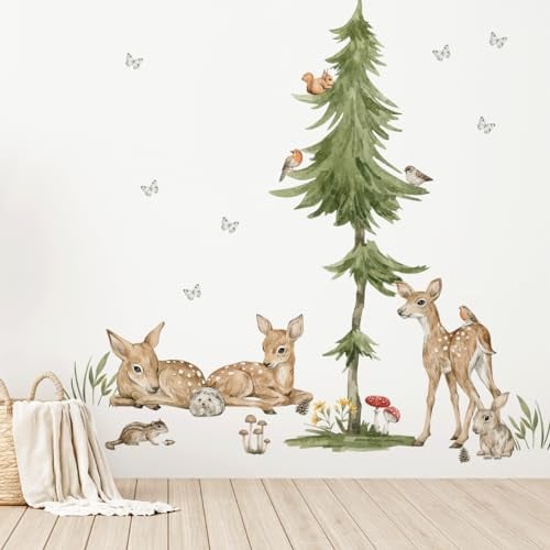 Mica-Mica Waldtiere Wandtattoo fürs Kinderzimmer, Wanddeko, Wandsticker (X-Large, Rehkitze mit Baum)