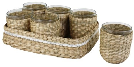 Ard'time - Plateau Rectangulaire Tressé en Jonc de Mer avec 6 Verres, Plateau en Fibres Végétables, Plateau de Rangement et Décoratif, Dimensions 16 x 25 x 5 cm, CollectionMANDALA
