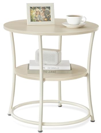 VASAGLE Beistelltisch, Couchtisch rund, Sofatisch, 2 Ablagen, Wohnzimmer, Schlafzimmer, einfacher Aufbau, Stahlrahmen, Industrie-Design, naturbeige LET056N01
