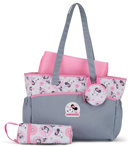 Disney Borsa multifunzionale per pannolini da viaggio con fasciatoio, Minnie Rosa Grigio, Large, Disney Borsa multifunzionale del pannolino del totalizzatore di viaggio del bambino con il fasciatoio