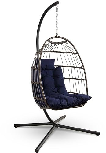SereneLife Hängesessel mit Gestell – Rattan Hängesessel Indoor & Outdoor Wetterfest – Schaukel für Kinder & Erwachsene bis 250kg mit Dicke Kissen – Faltbarer Schaukelsessel für Terrasse & Schlafzimmer