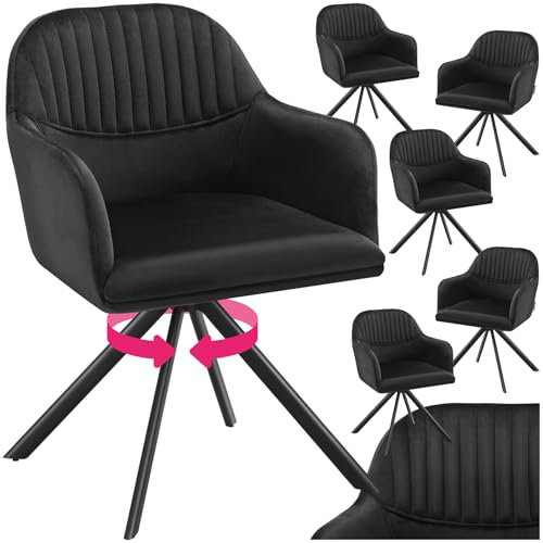 tectake® 6 x Esszimmerstuhl drehbar, Armlehnstuhl drehbar, ergonomischer Stuhl Samt, Stühle für Esszimmer, Möbel für Wohnzimmer, Arbeitszimmer, Esstisch, Schminktisch - 6er Set - schwarz/schwarz