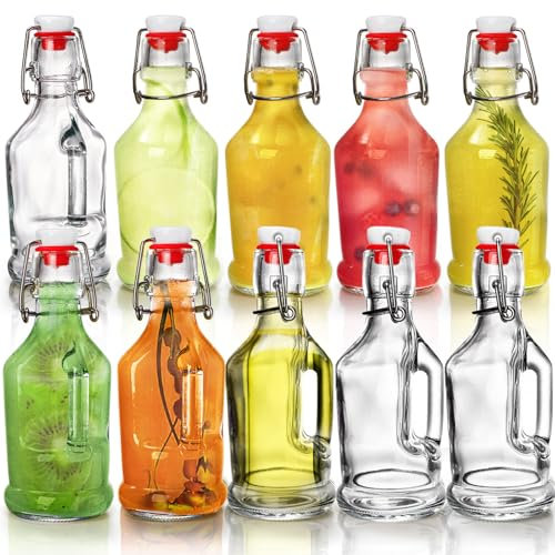 Tebery 10 Pack Swing Top Glass Bottle, 8.5 Oz Clear Beer Kombucha Brewing Bottles with Airtight Lid, Flip Top Fermentation Bottle with Handle for Kefir Oil Vinegar Vanilla Extract Carbonated Drink