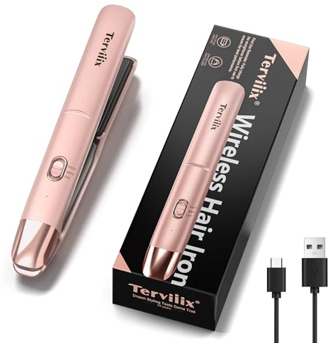 Terviiix Plancha de pelo inalámbrica de tamaño portátil, máximo 221.1 °C, mini alisador y rizador 2 en 1 para cabello corto, mini plancha plana recargable para viajes con aceite de argán infundido,