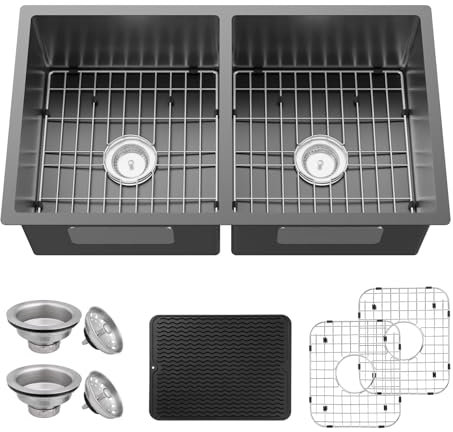 FAUENPEEY Black 50/50 Double Bowl Sink, 33x19x9 Inch Stainless Steel Undermount Drop-In Combination Sink