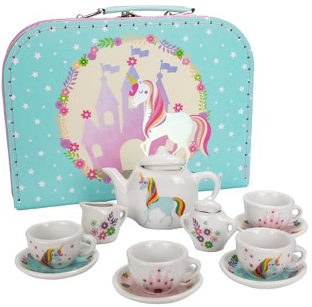 GICO Kinder Teeservice Spielkoffer Teeset Einhorn Spielzeug Porzellangeschirr 13 -TLG - CH12102