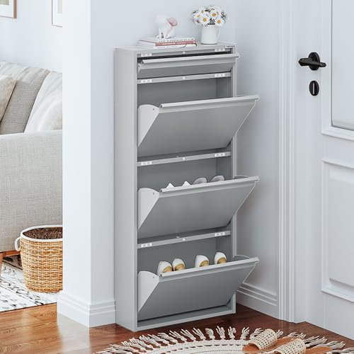 VEEHAUS Schuhregal Schmal Metall Schuhschrank Hoch Schuhkipper mit Magnetische Abdeckung Metall Montiert Schuhschrank Schmal und Wandmontage (Grau, 3+1 Klappen)