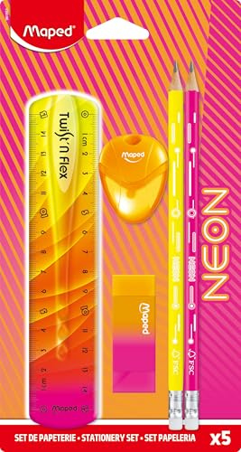 Maped Neon Stationery Set - Trendy Back to School Kit - Twist & Flex Ruler 15cm, 2 Graphite Pencils, Igloo Pencil Sharpener, Bi-Colour Eraser with Sleeve - Bright & Bold Colours