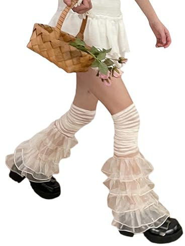 Women Y2k Ruffle Lace Leg Warmers Boot Cuffs Covers Elastic Socks Harajuku Aesthetic Streetwear (B-a-Light Beige, One Size)