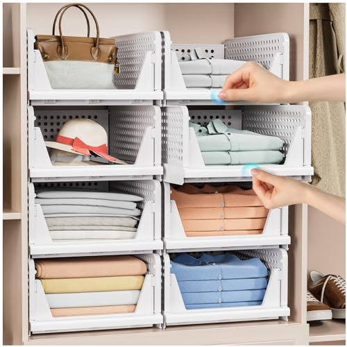 caktraie Foldable Closet Organizer - 8 Pack Stackable Storage Boxes, Plastic Storage Basket, Foldable Closet Storage for Wardrobe Cupboard Kitchen Bathroom, White