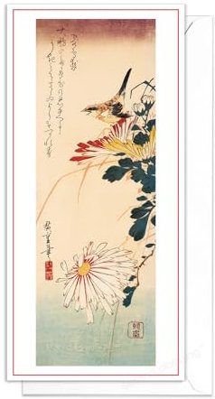 Japanese Ukiyo-e Art Large Greeting Card - DL Long Tall Birthday Card with Envelope Elegant Luxury (Hiroshige: Wren and Chrysanthemums)
